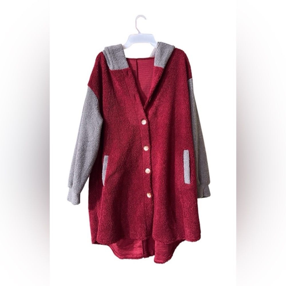 Red and Gray Hooded Fuzzy Cardigan with Buttons 1X